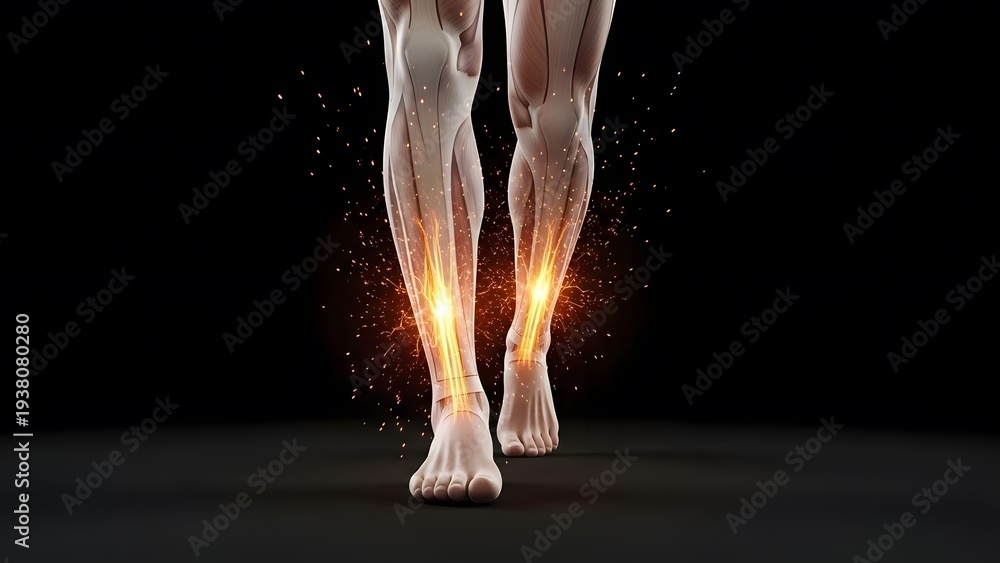 Shin Rise Leg Anatomical view of leg muscles with glowing shin pain. Sports medicine ...