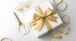 © Billal - A beautifully wrapped white gift box with a gold ribbon and bow on a white surface