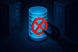 © BoldOutline - Hand touching a digital database icon with a warning symbol isolated on a dark background for cyber security and system risk.