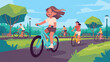 © shami - Happy woman riding bicycle on park path with friends sunny day blue sky green trees grassy area leisurely ride outdoor fun exercise freedom joy recreation
