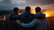 © Helga - Three friends standing together with arms around each other at sunset, friendship, support, solidarity, unity, togetherness, emotional bond, back view, outdoor lifestyle, community, trust concept