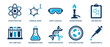 © Alhamd Studio - Science and Laboratory Research solid icon set. Containing icons related to chemistry, biology, Atom Structure, CRISPR DNA Editing, and microbiology elements for professional use. Solid vector illustr