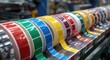 © The 2R Artificiality - Colorful rolls of custom-cut self-adhesive tape displayed on a manufacturing line with label production and die cutting