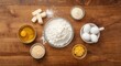 © TheWaterMeloonProjec - Sweet yeast bun ingredients with flour yeast eggs and lemon zest displayed on food background copy space