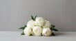 © Rizvan - Close perspective of pure white peonies lying on a subtle gray panel tabletop featuring copy space