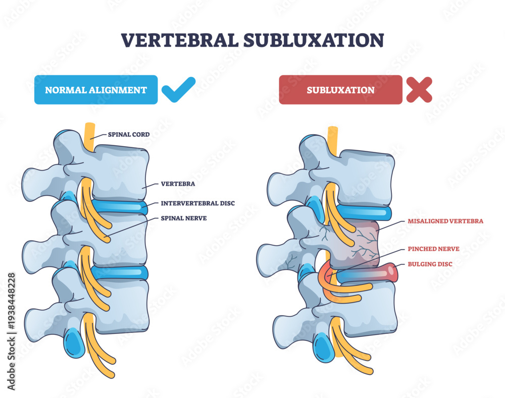 Normal Structure Alignment Vertebral subluxation diagram compares normal alignment with misaligned ...