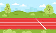 © Alina Mosinyan - Vector running track with finish line in city park. Red athletic treadmill background with green hills, trees and blue sky. Empty sports stadium.