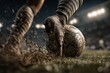 © Vasiliy - Close-up of a soccer player's boot kicking a ball on a muddy pitch