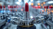 © Visual Art - Red lipstick being manufactured on an automated assembly line with robotic arms and machinery in a modern cosmetics production facility
