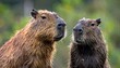 © Yani - Two large, wet rodents with short, dense brown fur stand side by side against a blurred green background