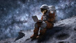 © MdNoyon - Astronaut using laptop on moon surface with space stars and futuristic exploration concept in dark cosmic environment