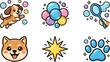 © DesignVectX - Cute sticker vector showing jumping brown puppy with bubbles and magnifying glass, smiling dog face, paw print, starburst, pastel tones