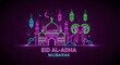 © Divya - Eid al-Adha Mubarak Neon Line Art Vector Illustration with Mosque, Ram, and Lanterns