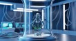 © Alpha - Advanced microscopic DNA manipulation robot operating inside a sterile glass chamber in a futuristic biomedical laboratory environment, robotic arm, medical, automation