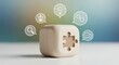 © mod - A wooden cube with a missing puzzle piece is surrounded by various communication and idea icons.