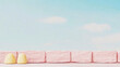 © Panupan - Pink brick wall blue sky fluffy clouds minimal pastel calm outdoor peaceful scene