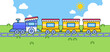 © Walt - Toy train with several wagons moving on railway tracks in a sunny landscape. Cute hand drawn vector illustration perfect for kids education, nursery designs, posters, and children themes cartoon