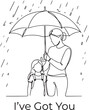 © amodha - Continuous Line Art Illustration of Mother Protecting Daughter with Umbrella in Rain with Text I've Got You.