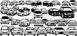 © pixsource - Monochrome Automotive Vehicles Line Art Vector Collection. Black and White Car Outlines and Glyphs for Transportation Industry, Web, Print, and Infographics Design.