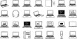 © victoria - Hand-Drawn Laptop and Technology Doodle Icons Set. Vector Sketch Collection of Digital Devices: Laptops with Various Screens, Headphones, Desktop PC, Notebook, and Microphone.