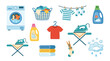 © tr - A collection of laundry-related items including a washing machine, clothes basket, iron, ironing board, detergent, and clothes hanging on a line.