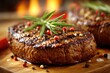 © Abuabdurrahman - Close-up of grilled steak garnished with peppercorns, rosemary, and salt flakes, with flames