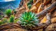 © Indigo Studio - Vibrant succulent thrives amidst weathered wood and rocky landscape, a testament to resilience in a harsh environment