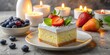 © Indigo Studio - A delightful slice of creamy vanilla cake, adorned with fresh strawberries and mint, rests on a plate, illuminated by the warm glow of candlelight, creating a serene and inviting ambiance.