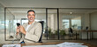 © insta_photos - Happy busy middle aged business man investor wearing suit sitting in office using mobile cell phone. 50 years old businessman professional entrepreneur banker holding smartphone looking away at work.