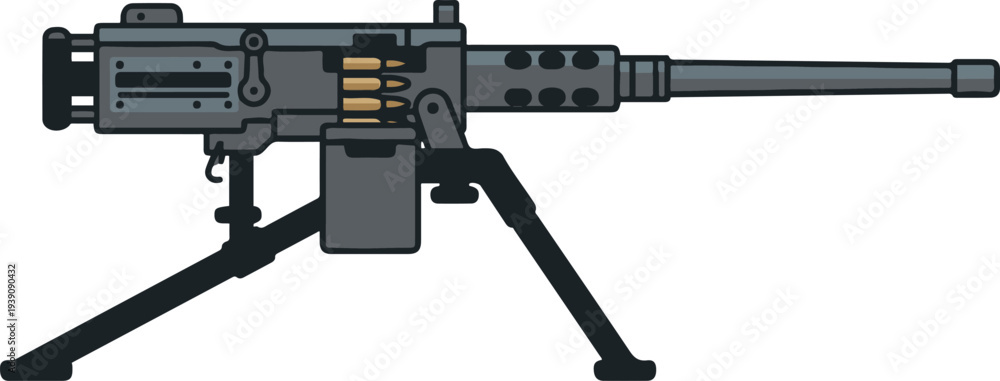 Vector illustration of a heavy machine gun mounted on a bipod with an ...