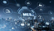 © ImageFlow - Manufacturing execution system interface with advanced floating industrial symbols over illuminated modern city skyline at night.''