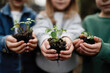 © Milos - Three children proudly show their clumps of soil with newly sprouted plants, capturing a moment of joy and connection to nature. It's a celebration of growth and learning.