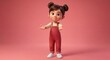© AS_SleepingPanda - A cheerful animated character with pigtails wears red overalls and presents a welcoming pose against a soft pink background