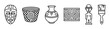 © David - Set of six black line art icons depicting tribal cultural artifacts including a mask, woven basket, pottery, figurine, geometric ornament, and a paintbrush for crafts