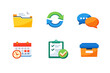 © Andrei - A set of six colorful 3D business and productivity icons including a folder, sync arrows, chat bubbles, a calendar with a clock, a checklist, and a storage box on a black background.