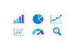 © Andrei - A collection of six data visualization icons including a bar chart, pie chart, line graph, scatter plot, gauge, and magnifying glass in blue and purple tones on a black background.