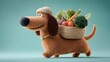 © Ivan - Cheerful 3D stylized dachshund character walking with a woven basket of fresh vegetables on its back, returning from market. Minimalist grocery shopping concept on teal background.