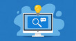 © Abul - A computer monitor displays a search interface with a magnifying glass and chat bubbles under a lit light bulb on a blue background with tech icons.