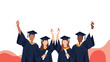 © MR - A diverse group of four happy graduating students in caps and gowns hold diplomas, celebrating academic achievement and future success.