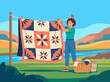 © Zeming - A cheerful illustration of a woman hanging a vibrant quilt outdoors, representing creativity and home-making, ideal for products related to crafts and lifestyle.