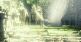 Documentary captures sunlight on carved stone structures, Environmental footage showcasing warm glow on historical ruins during golden hour filming