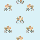Cute Chicken Riding Bicycle with Flower Basket Seamless Pattern on Blue Background