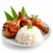 on a round white plate are arranged three cooked chicken legs glazed with a shiny sauce, accompanied by a neatly formed mound of white rice