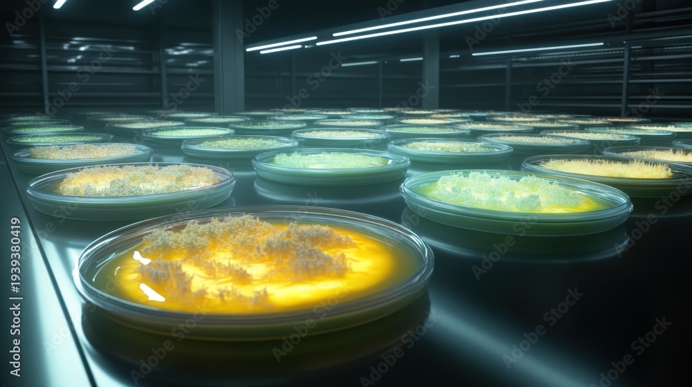 Lab Colony Photo Stock Numerous illuminated agar plates displaying distinct ...
