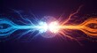 © Artfinity - Electrical discharge and lightning bolt collision. High voltage energy and circuit power. Blue and orange electric currents meeting in a bright central spark of light.