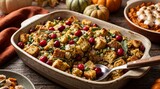 Delicious Homemade Thanksgiving Stuffing with Cranberries and Herbs.