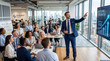 © esman - Businessman points toward a screen displaying upward trending future growth statistics during a modern corporate strategy meeting.