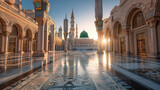 Exterior view of the prophet's mosque in medina, saudi arabia, featuring minarets and green dome at sunset