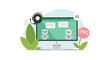 © Steven - Flat design illustration of a laptop with a green screen displaying chatbots, surrounded by leaves and a flower on a white background.