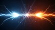 © Artfinity - Electrical discharge and energy collision power. High voltage and industrial electricity. Blue and orange lightning bolts clashing together in a dark space with sparks.